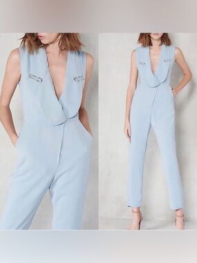 Lavish Alice Pale Blue Sleeveless Draped-Collar Jumpsuit